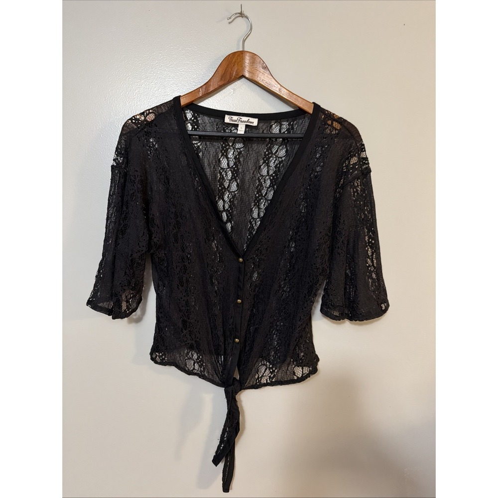 Women's Black Short Sleeve Lace Button Crop Top Tie Whimsigoth Size L